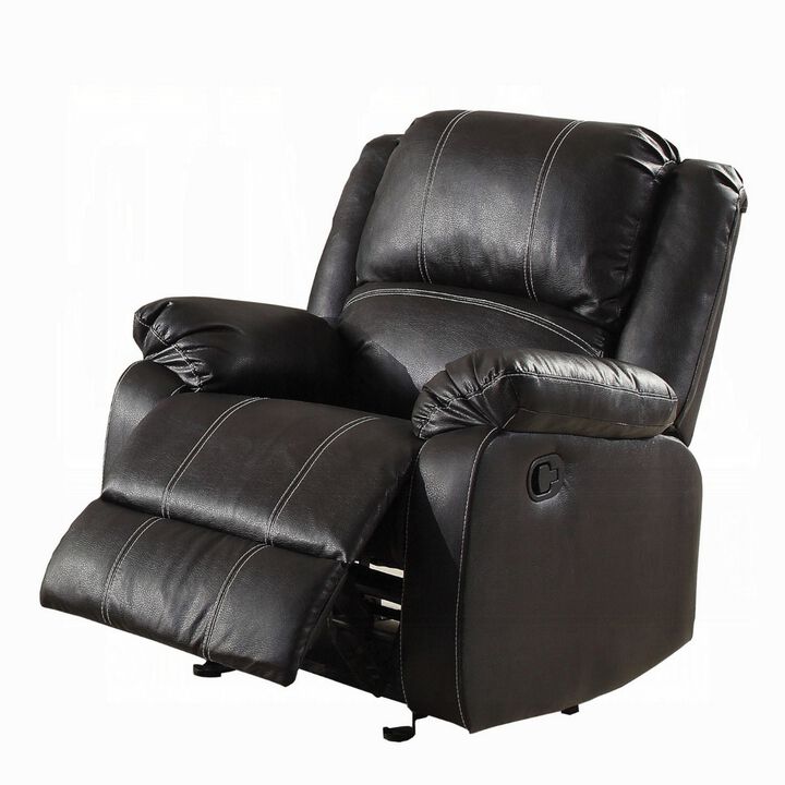 Zuru Motion Manual Rocker Recliner Chair, Plush Black Faux Leather - Benzara