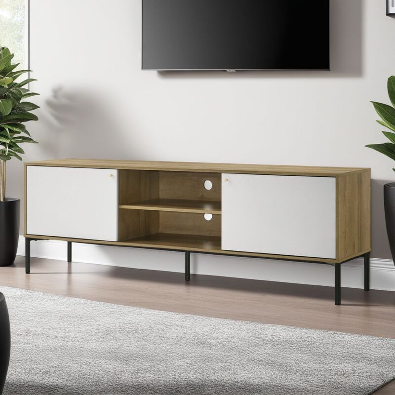 Brick TV Stand Cabinet with 2 Doors, Black Metal, White, Oak Brown - Benzara