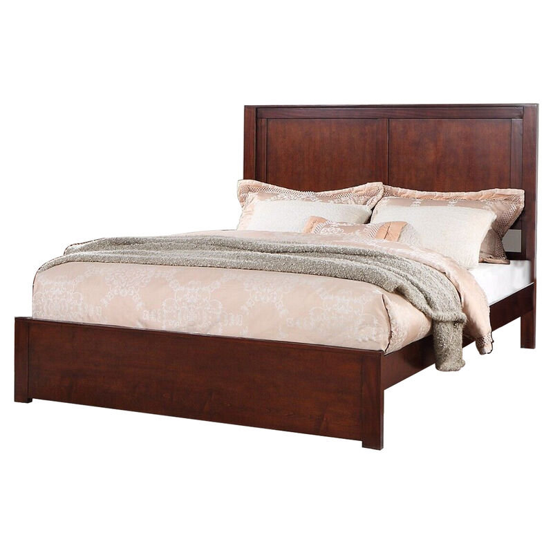 Kali Platform California King Bed, Rectangular Panel, Cherry Brown Wood - Benzara