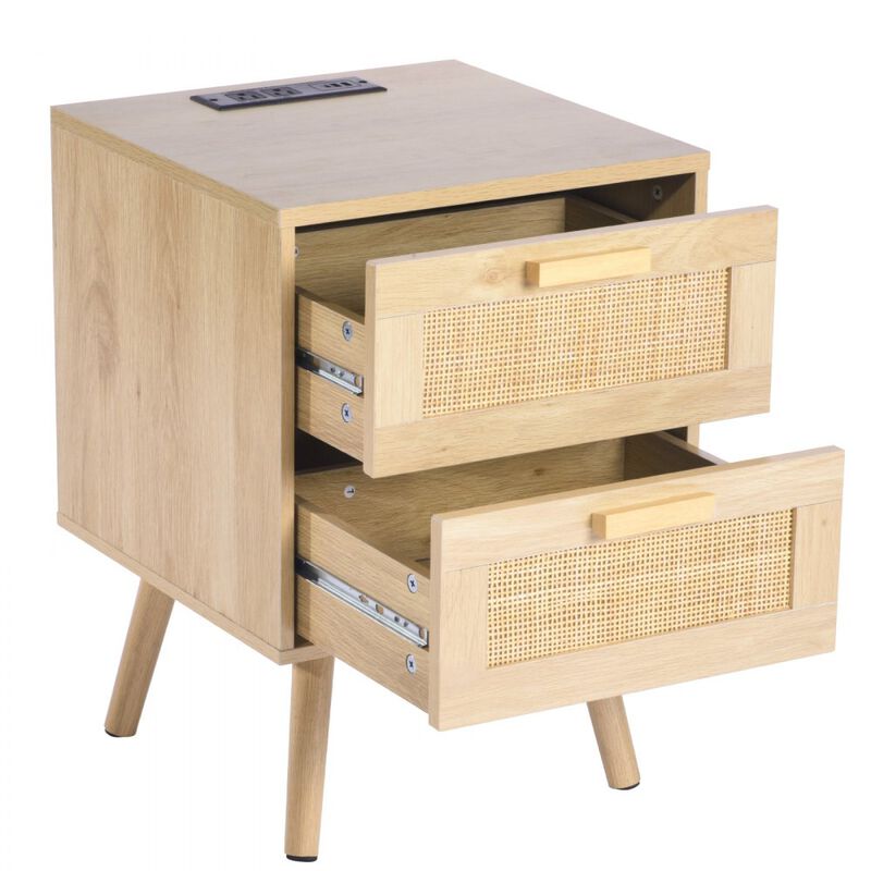 Wood Accent Table with Handmade Rattan Drawers for Bedroom or Living Room
