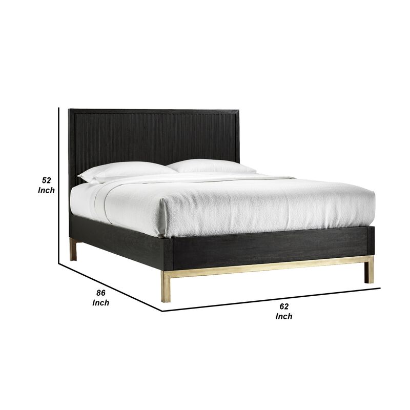 Carl Mahogany Wood Platform Queen Bed, Brass Metal Base, Oak Black, Gold - Benzara