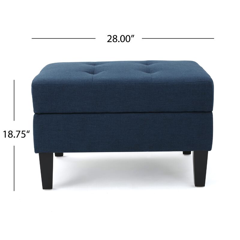 Voil Storage Ottoman, 28 Inch, Navy Blue Fabric, Tapered Wood Legs