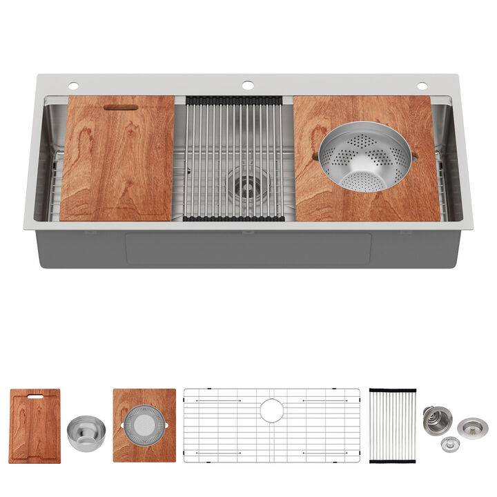 45 in. Drop-in Single Bowl 16-Gauge T304 Stainless Steel Brushed Kitchen Sink with Workflow Ledge, Accessories Kit and 4-in-1 Colander
