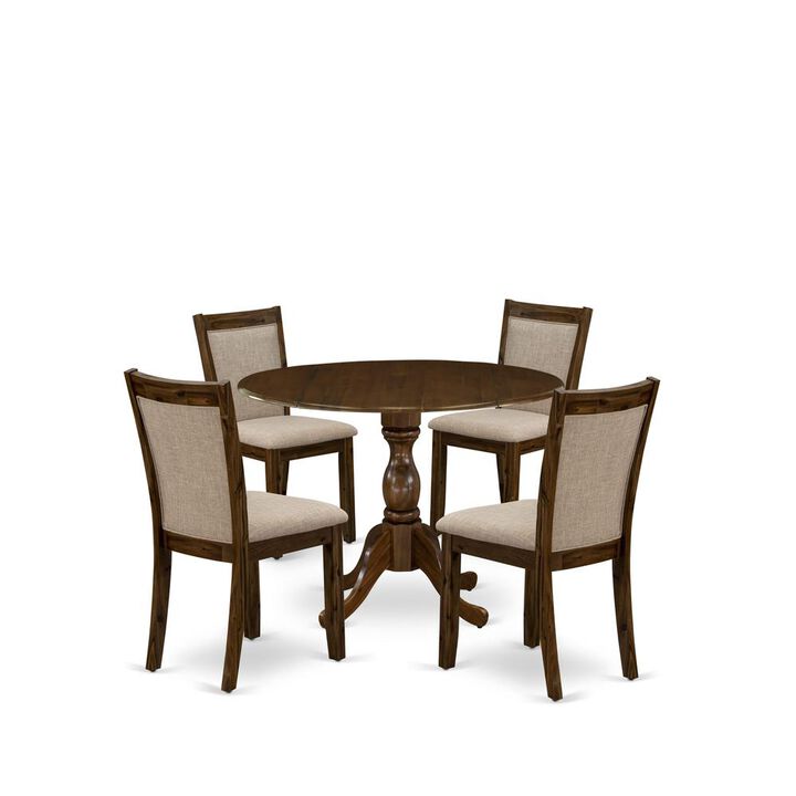 East West Furniture 5-Pc Kitchen Table Set Includes a Wood Dining Table with Drop Leaves and 4 Light Tan Linen Fabric Parson Chairs - Sand Blasting Antique Walnut Finish