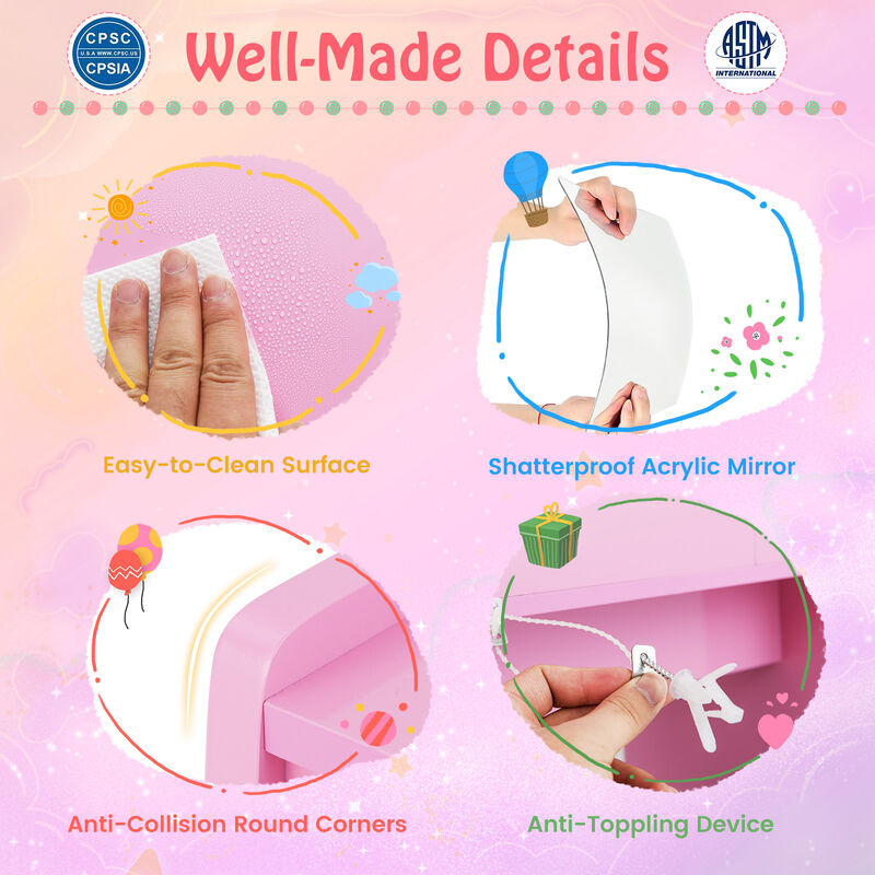 Lighted Mirror Kids Vanity Set with Makeup Desk, Chair, and Storage Drawers