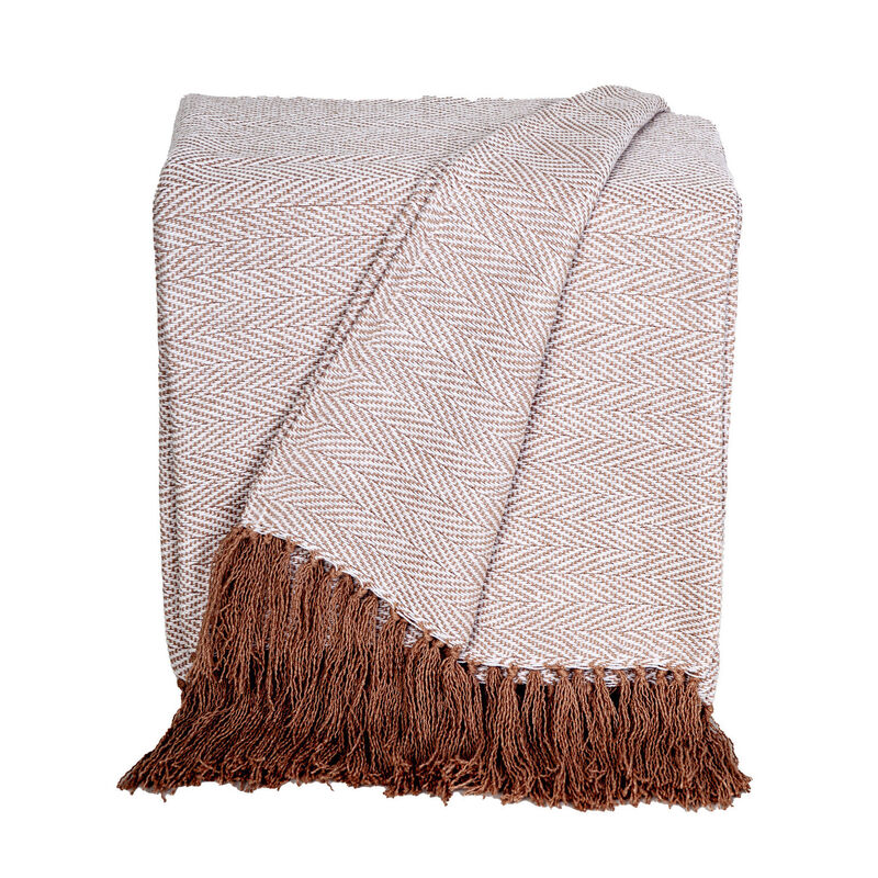 HomeRoots 50" X 60" Beige and Brown Woven Cotton Herringbone Throw Blanket with Fringe image number 0