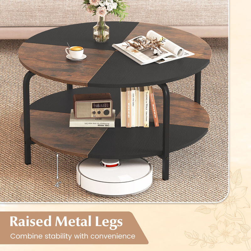 Rustic Brown Round Coffee Table, 2 Tier Metal Frame with Storage Shelf image number 4
