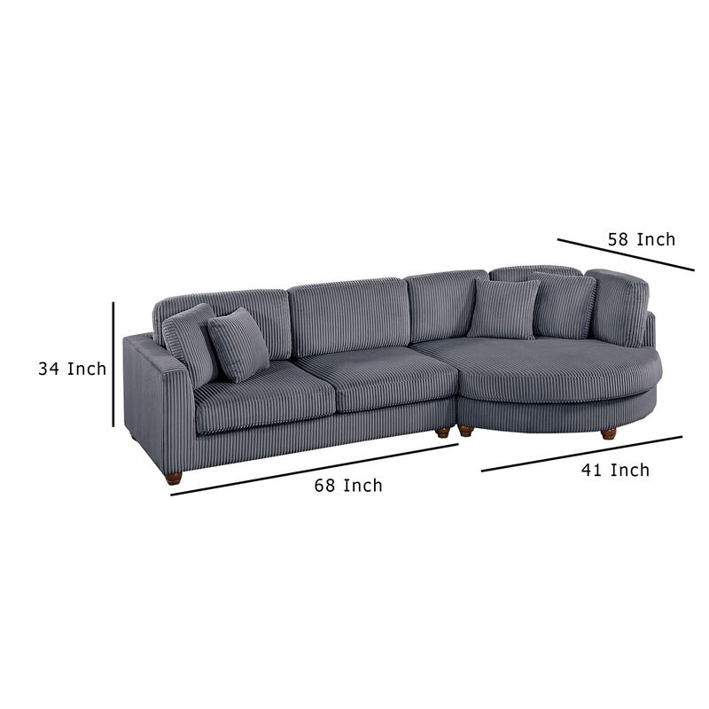 Zeo 2pc Oversize Sectional Sofa and Chaise, 4 Pillows, Gray Corduroy - Benzara