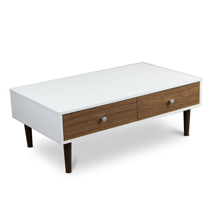 Hivvago Modern Mid-Century Style White Wood Coffee Table with 2 Drawers