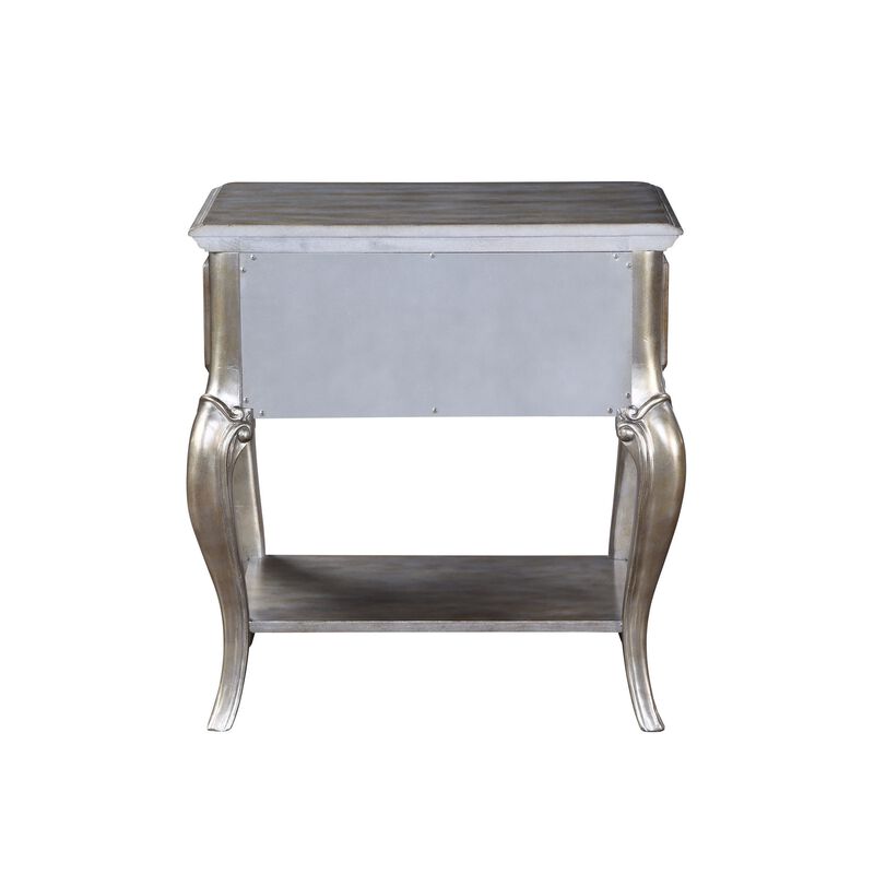 Nightstand with Mirror Panel Front and Molded Trim, Antique Silver-Benzara