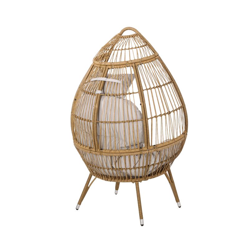 Outdoor Accent Chair, Teardrop Cocoon w Beige Pillow, Brown PE Rattan - Benzara
