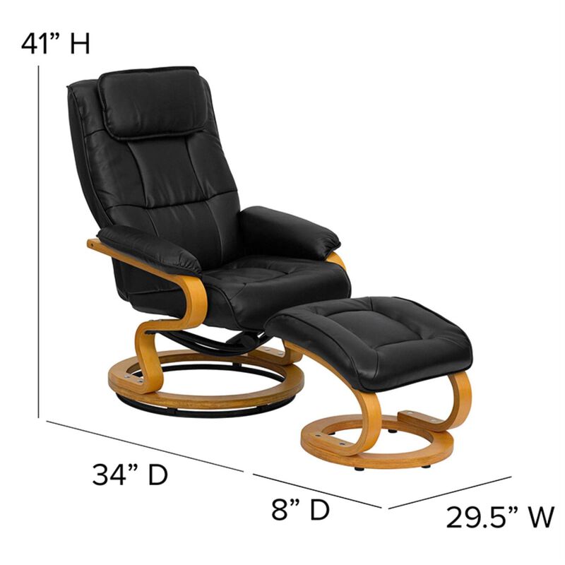 Flash Furniture Davies Contemporary Adjustable Recliner and Ottoman with Swivel Maple Wood Base in Black LeatherSoft