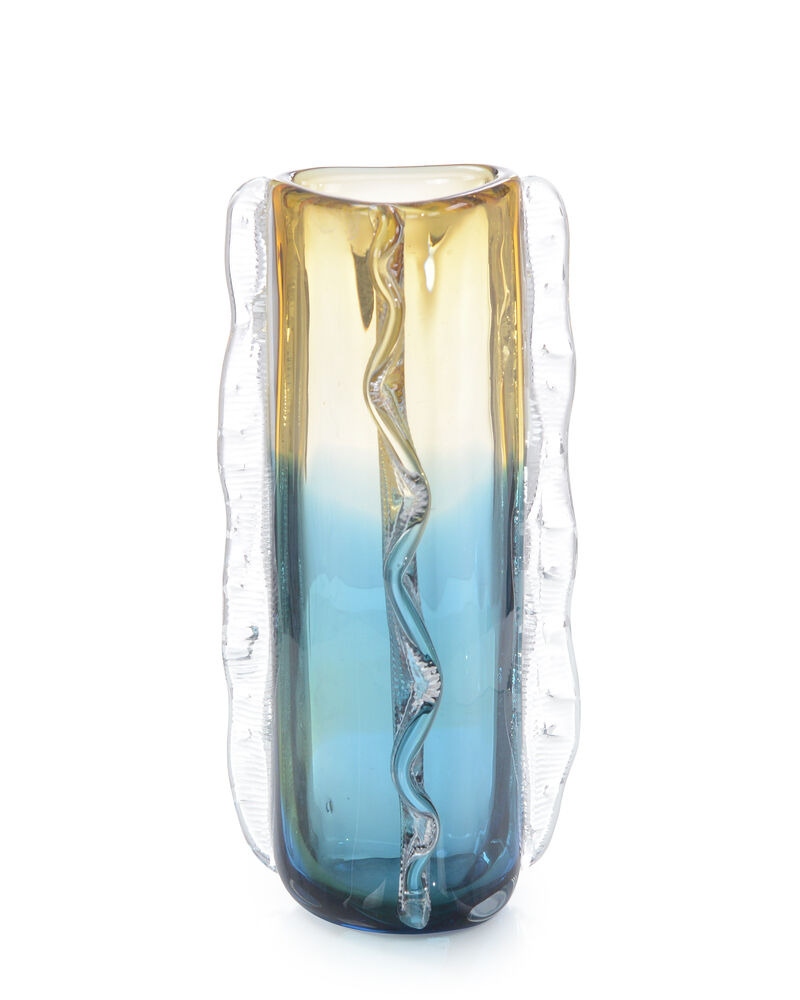 Blue and Yellow Rippled Handblown Glass Vase II