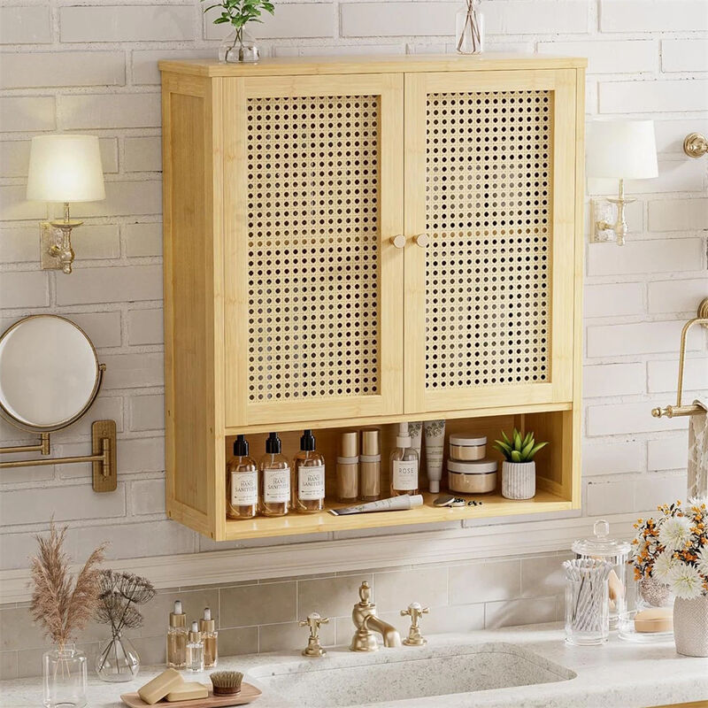 Bathroom Cabinet Wall Mounted, Bamboo Over-The-Toilet Storage Organizer 2 Door image number 8