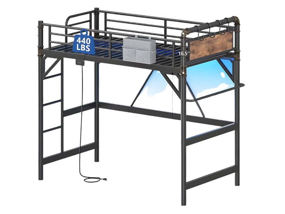 Twin Loft Bed &ndash; Vintage Brown Metal Frame with LED Lights, Charging Station & Guardrail