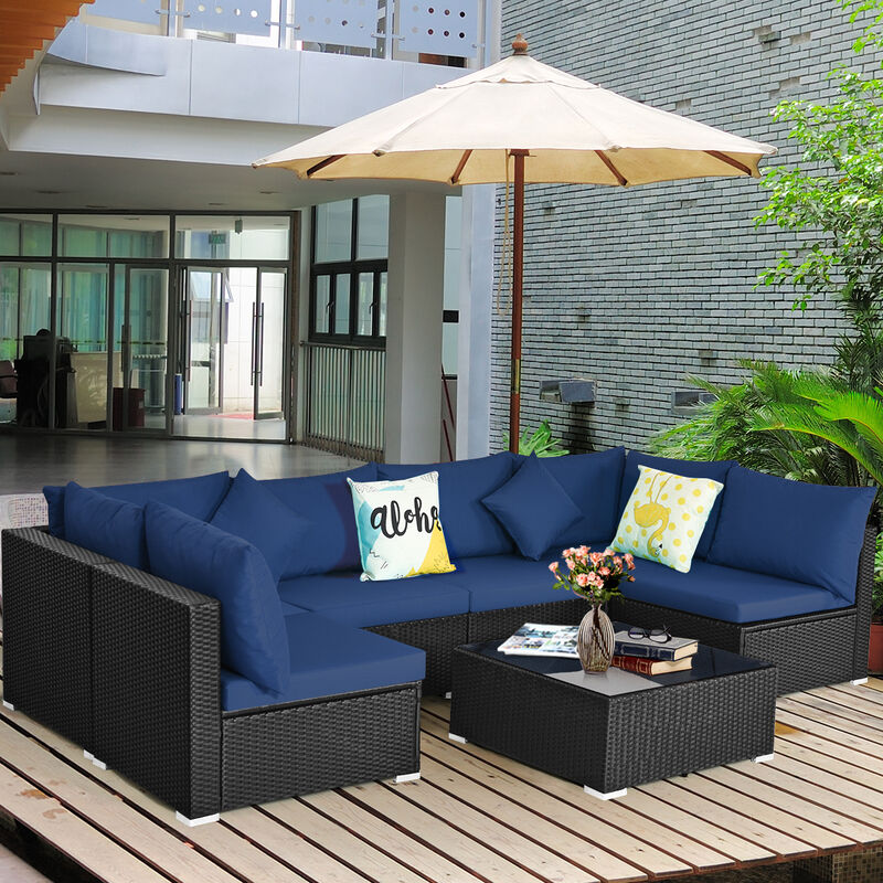 7-Piece Outdoor Sectional Wicker Patio Sofa Set with Tempered Glass Top