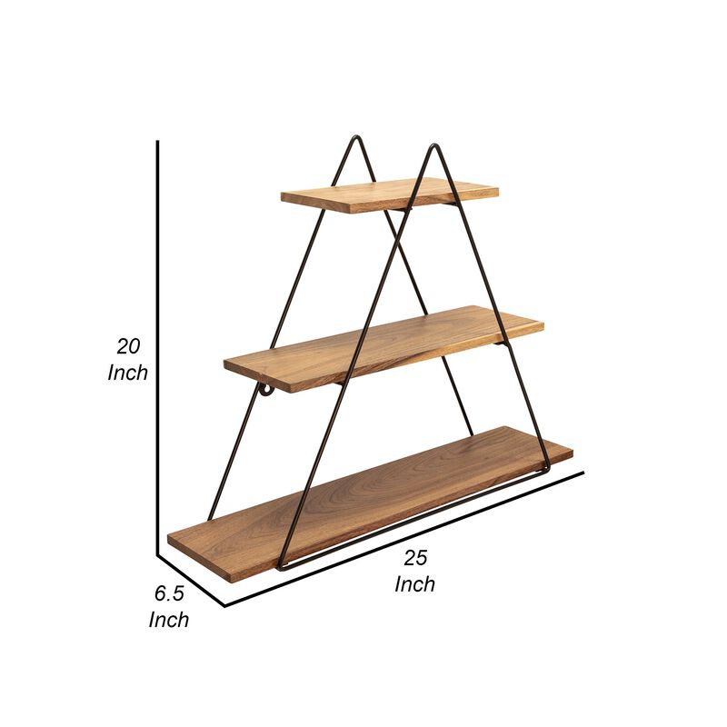 Zish 25 Inch Wall Shelf, 3 Wood Shelves, Triangle Metal Frame, Brown, Black - Benzara