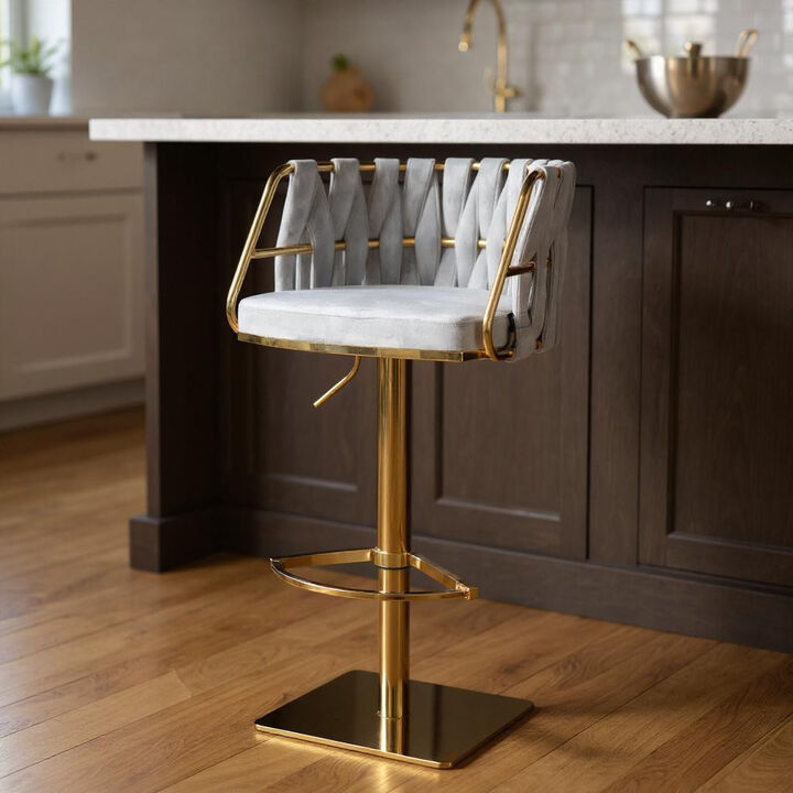HomeRoots Gray and Gold Velvet and Steel Low Back Adjustable Height Swivel Bar Chair