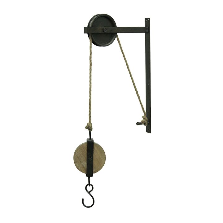 Rustic Vintage Style Metal And Wood Pulley And Hook Wall Hanging
