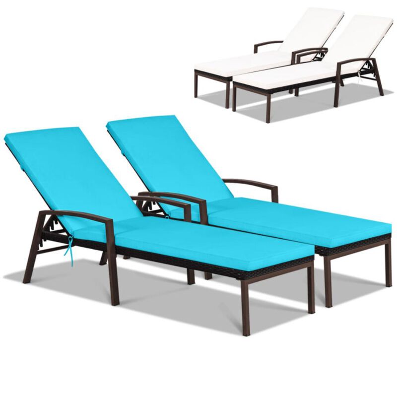 Hivvago 2 Pieces Patio Rattan Reclining Chaise Lounge Chair with Cushion and Armrest