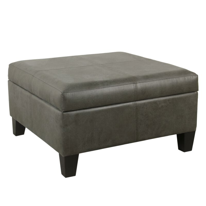 Leo Square Storage Ottoman with Plush Gray Faux Leather, 28 Inch