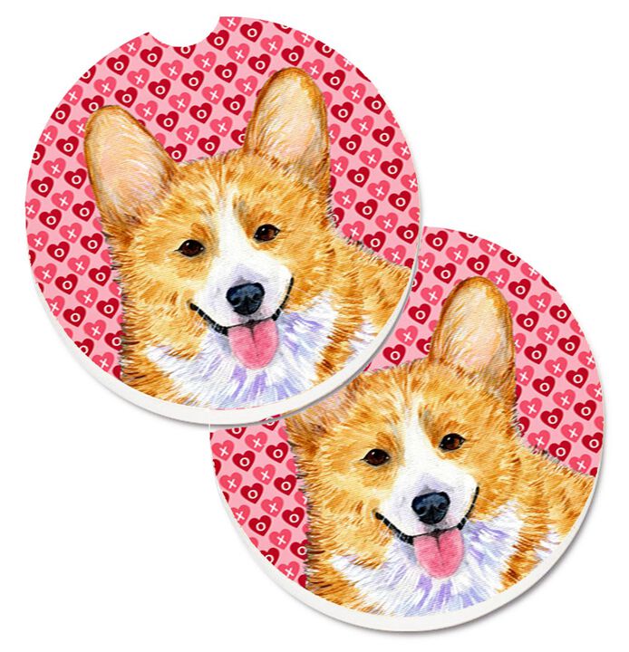 Caroline's Treasures Corgi Hearts Love & Valentine's Day Portrait Set of 2 Cup Holder Car Coasters SS4486CARC, 2.56, Multicolor