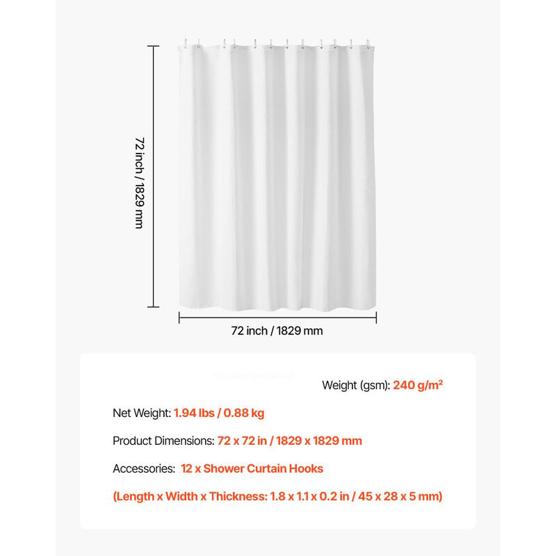 White Fabric Shower Curtain 240 GSM Waffle Design Washable with Hooks image number 2