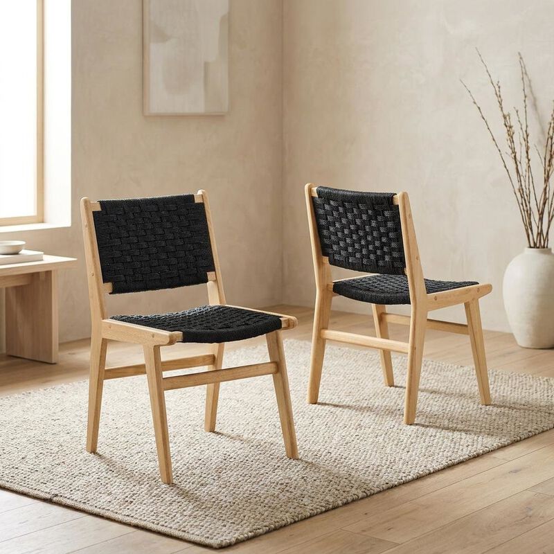 Woven Rope Wood Dining Side Chairs, Walnutt Black, Set of 2 image number 4