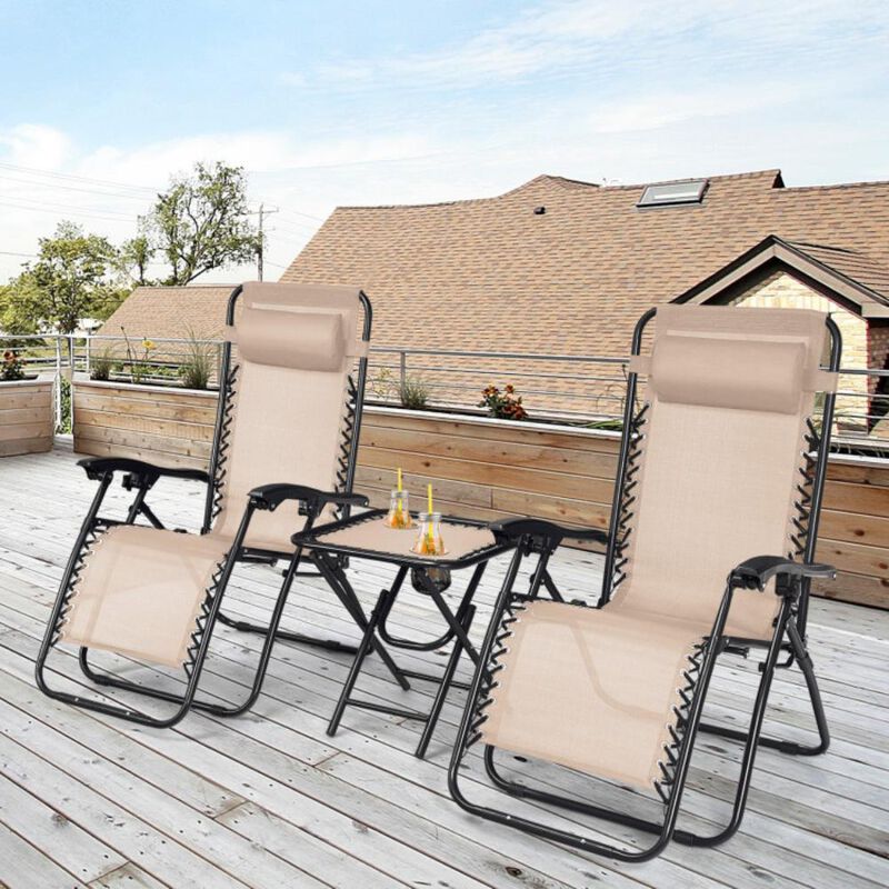 Hivvago 3 Pieces Folding Portable Zero Gravity Reclining Lounge Chairs Table Set