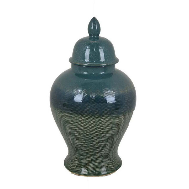 Caty 15 Inch Temple Jar, Finial Dome Lids, Classic, Ceramic, Green Finish - Benzara