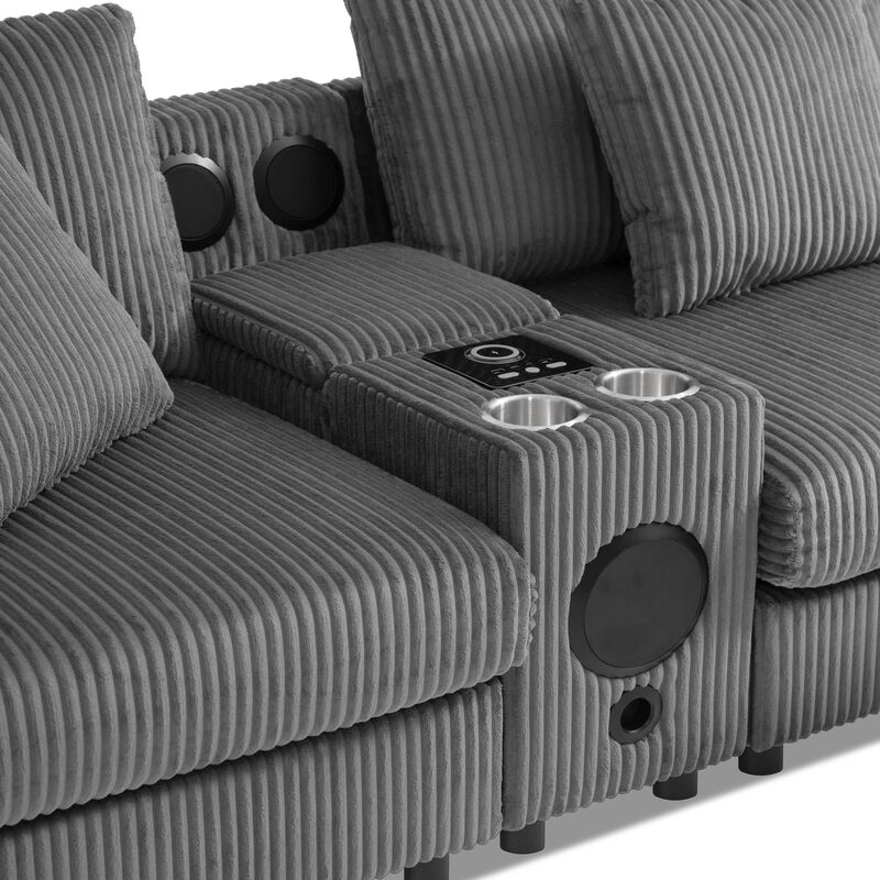 Whisen Corduroy Sectional Sofa with Bluetooth Speakers,Built-in Charging Console,Storage Ottoman,and Wide Seat Cloud Couch image number 3