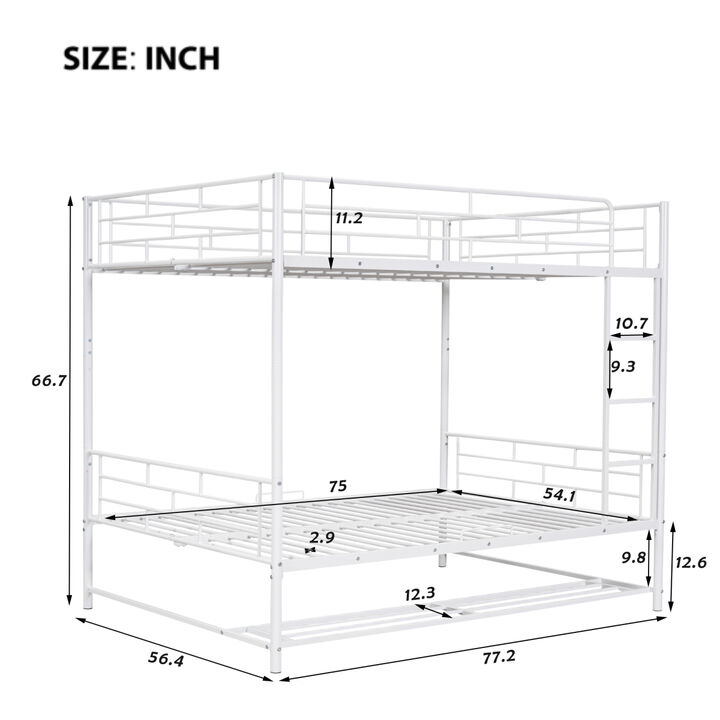 Full Over Full Metal Bunk Bed with Shelf and Guardrails, White