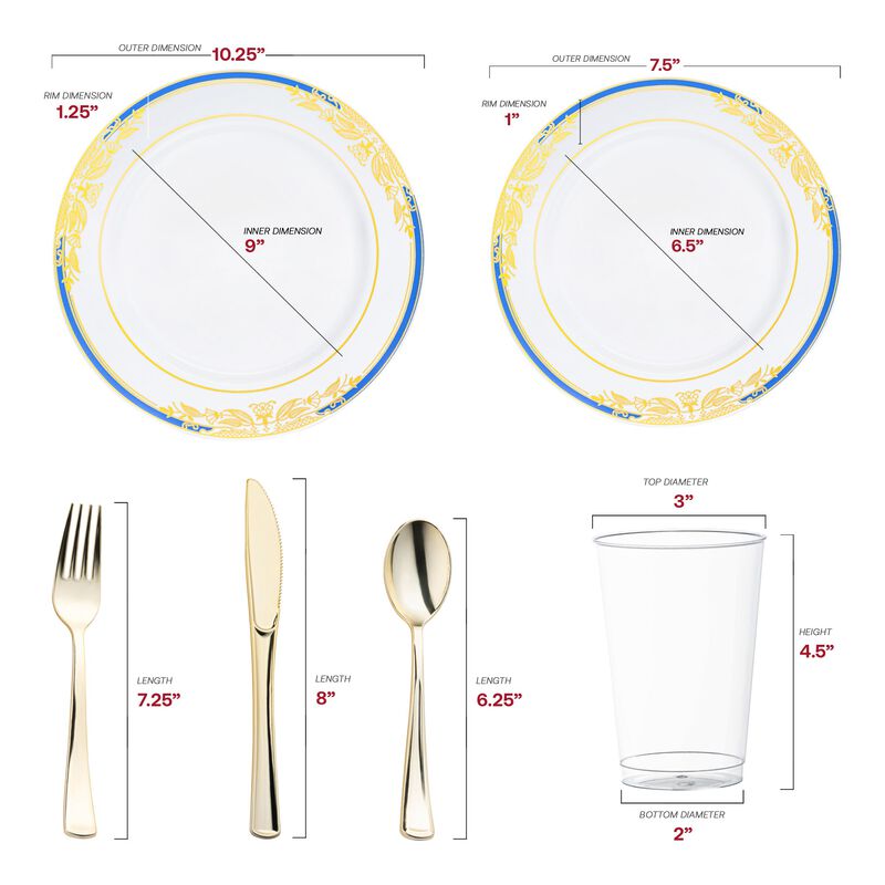 White with Blue and Gold Harmony Rim Plastic Wedding Value Set (30 Sets) image number 2