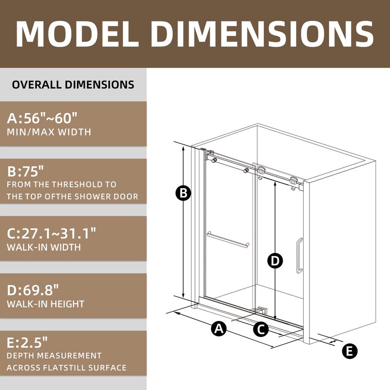 Brushed Nickel Aluminum Shower Door, Reversible Installation with Safety Glass & Towel Bar