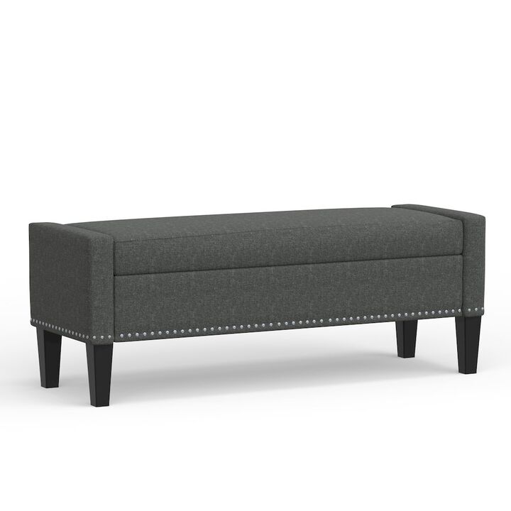Rize Home 51.25 Storage Bench with Truncated Arms + Nailhead Trim - Dark Gray
