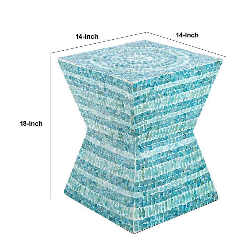 14 Inch Capiz Accent Table Stool, Blue Mosaic Geometric Hourglass Shape