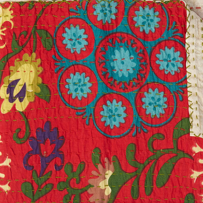 HomeRoots 50" X 70" Red Floral Cotton Quilted Kantha Throw Blanket with Embroidery image number 3