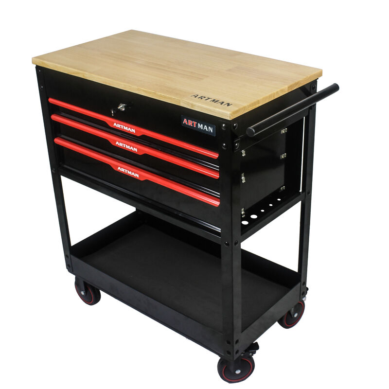 3-Drawer Rolling Tool Cart with Wooden Top for Garage or Workshop Storage