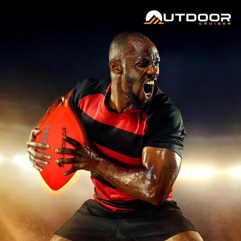 Outdoor Cruiser Light Up Football - Waterproof Rubber Construction, Glow in the Dark, Glows Up to 30 Hrs with Tap Activation, Complete Set with Pump & Spare Batteries, Official Size 6, For Ages 8-15