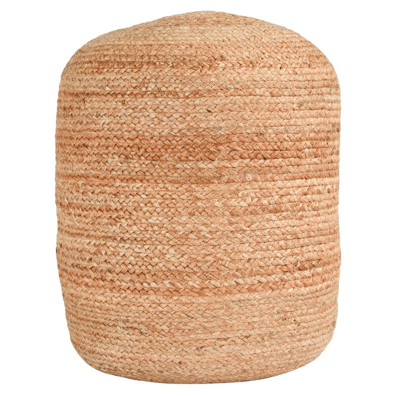18 Inch Round Accent Pouf, Soft Braided Jute Design, Natural Cream Orange - Benzara