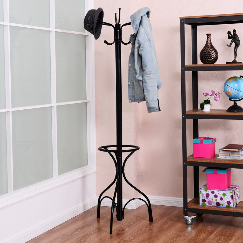 Black Vintage Space Saving Metal FreeStanding Coat Rack with Umbrella Stand