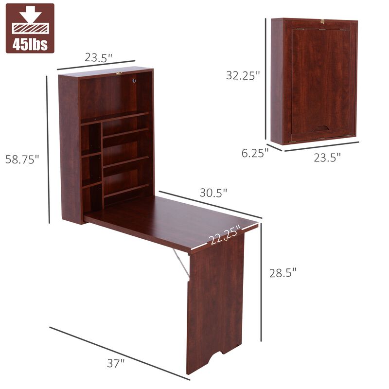 Wall Mounted Desk, Fold Out Convertible Desk, Multi-Function Computer Table Floating Desk with Shelves for Home Office, Mahogany
