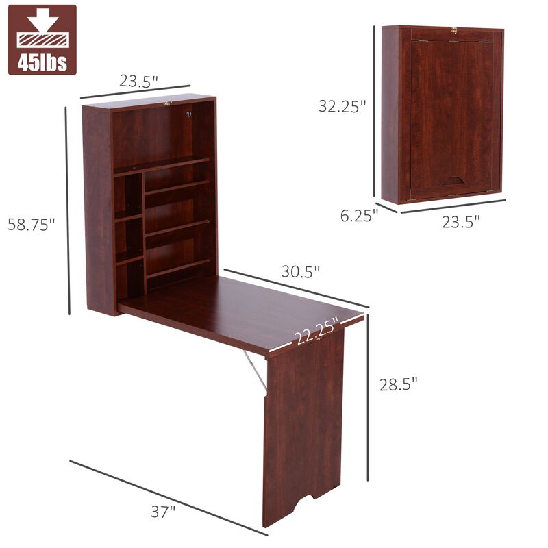 Space-Saving Workstation: Mahogany Wall-Mounted Convertible Desk