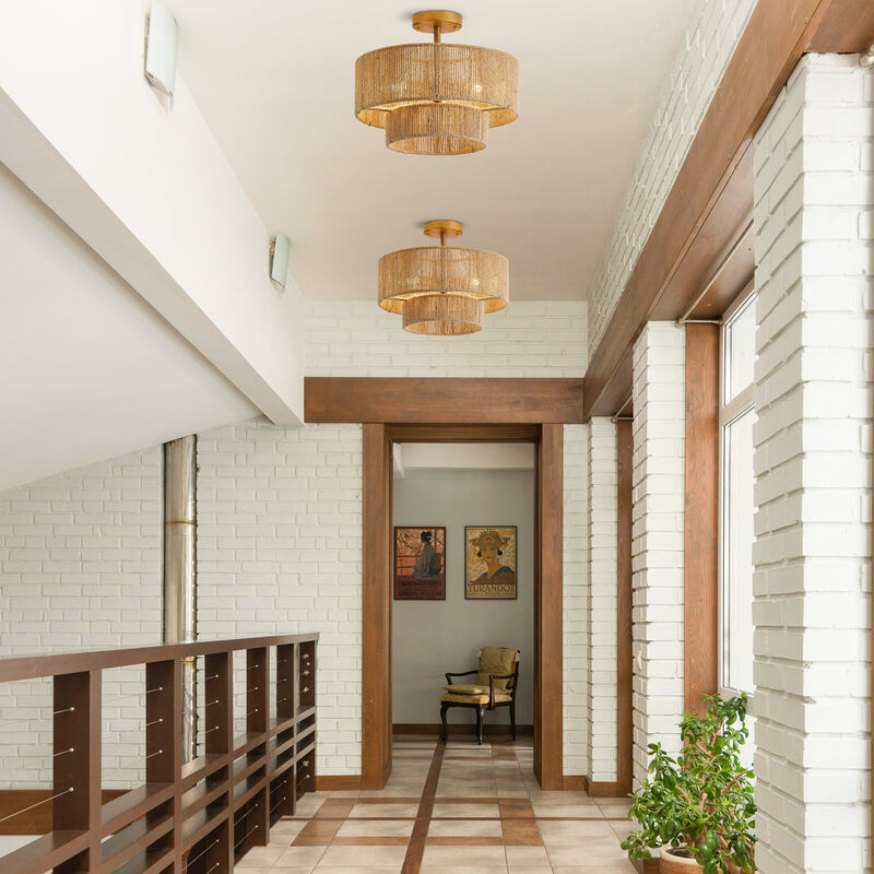 15" Bohemian Gold 2-Tier Hemp Rope Semi Flush Mount Ceiling Light