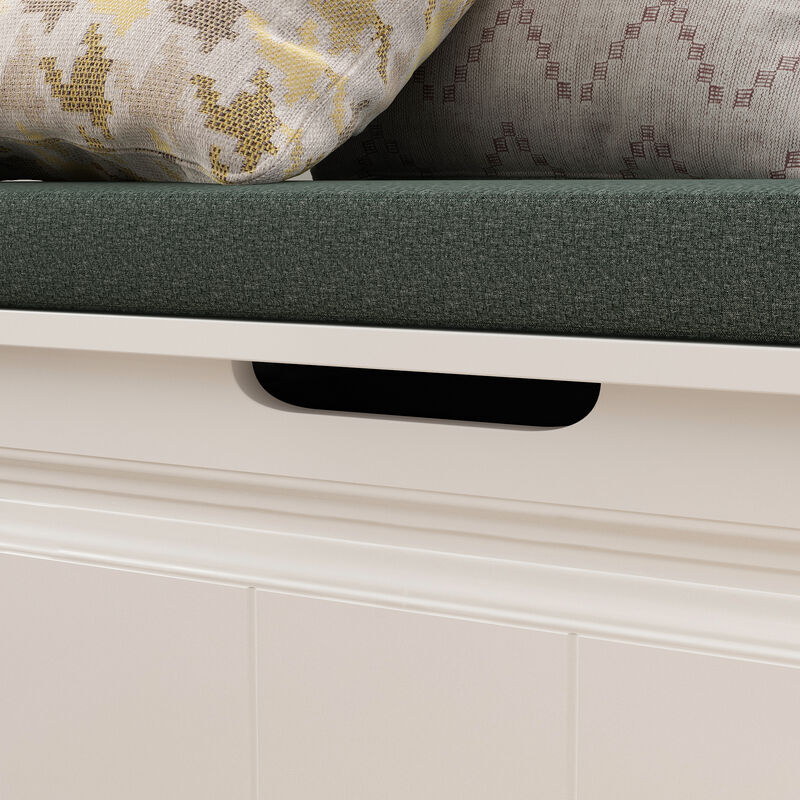 FUFU&GAGA White Storage Shoe Bench with Gray Cushioned Seat, P2 MDF, Multi-Compartment Design (63" W x 18.3" H x 63" D), White