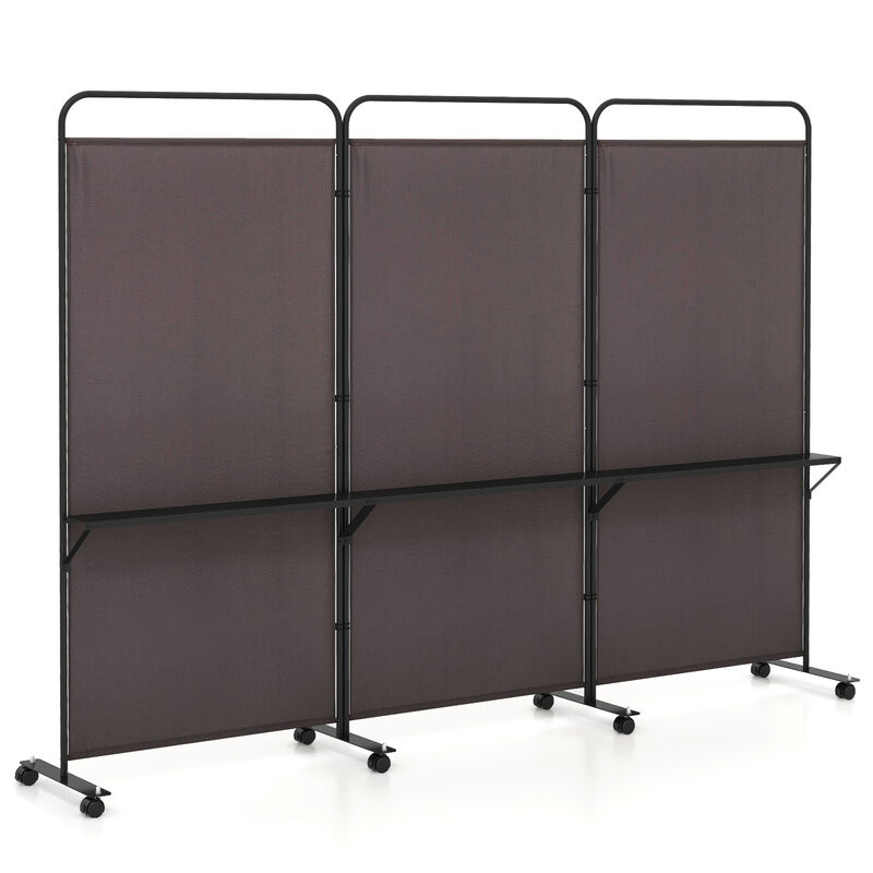 Multi-Functional 3-Panel Folding Room Divider with Metal Shelves and Lockable Wheels