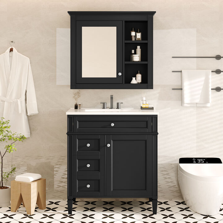 Merax Bathroom Vanity Set with Mirror Cabinet, Ceramic 3-Hole Basin, Soft-Close Storage