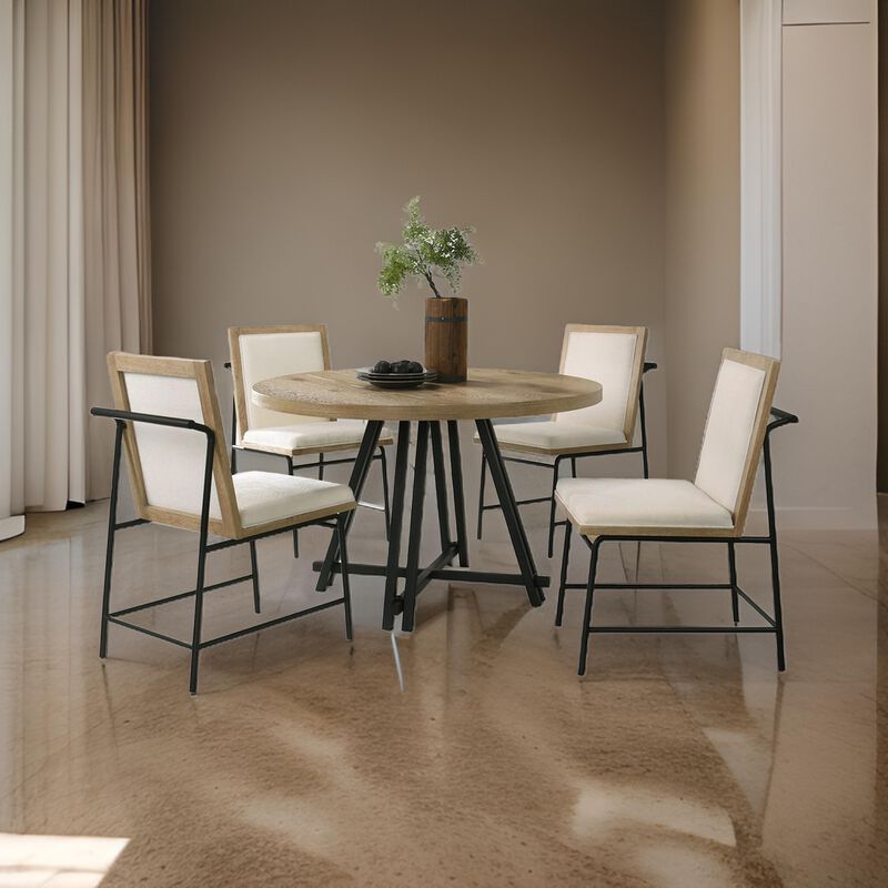 Tete Dining Table Set with 4 Chairs, Solid Wood Round Top, Black Metal Base - Benzara