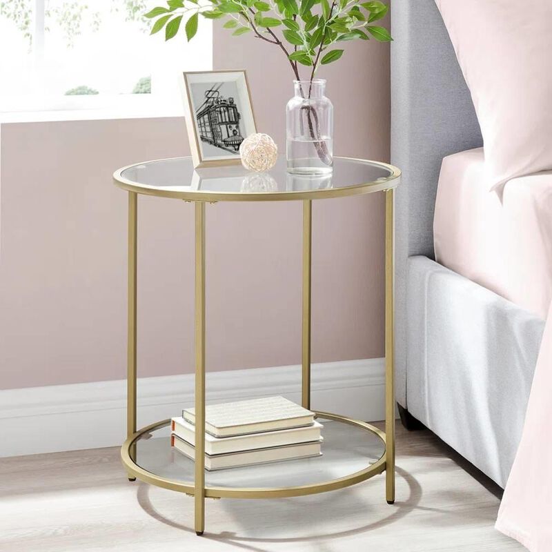 Hivvago Modern Glass Top Round Metal End Table Nightstand with Bottom Shelf in Gold