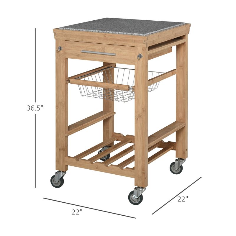 Bamboo Rolling Kitchen Island Trolley Storage Cart with Granite Top, a Slide-Out Basket & Wine Storage Rack